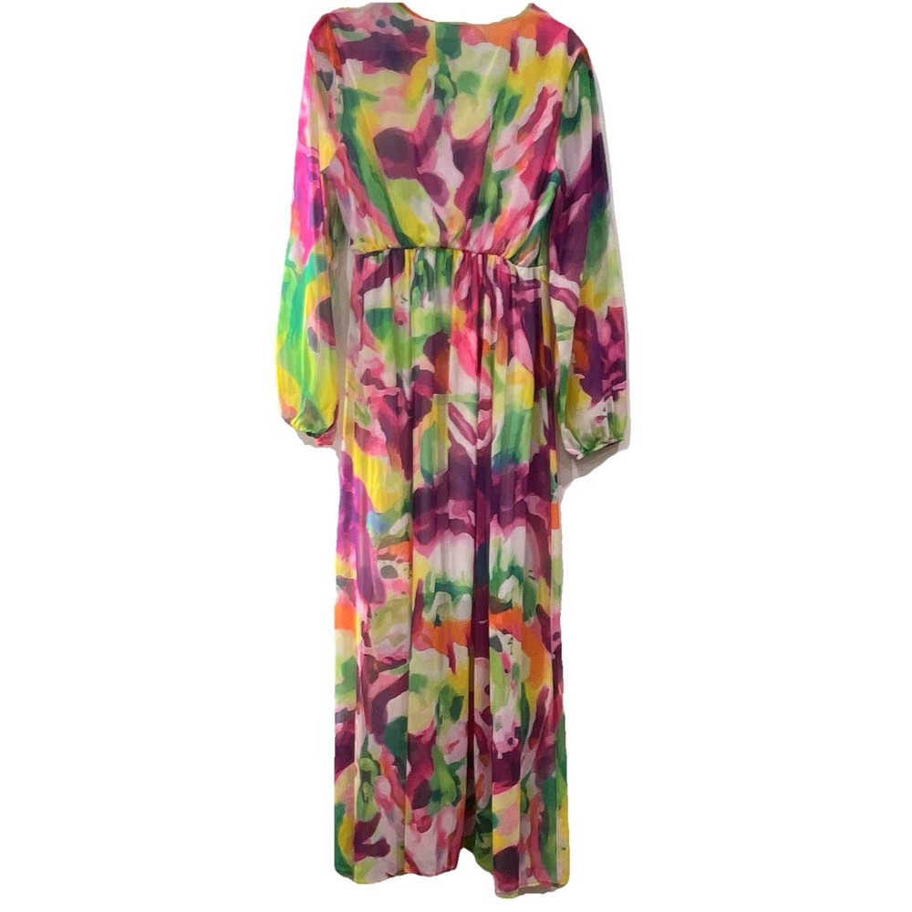 Womens Floral Watercolor Maxi Dress Long Sleeve V-Neck Wrap Faux Elastic Waist - Picture 3 of 3